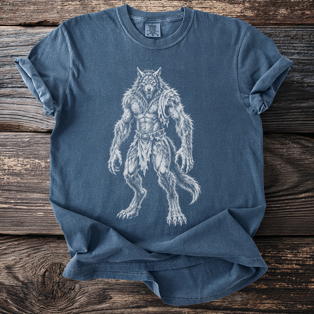 Blue t-shirt with a white werewolf graphic and "COMFORT COLORS" tag.