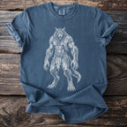 Blue t-shirt with a white werewolf graphic and "COMFORT COLORS" tag.