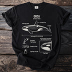 Black t-shirt with illustrated orca and labeled anatomy.