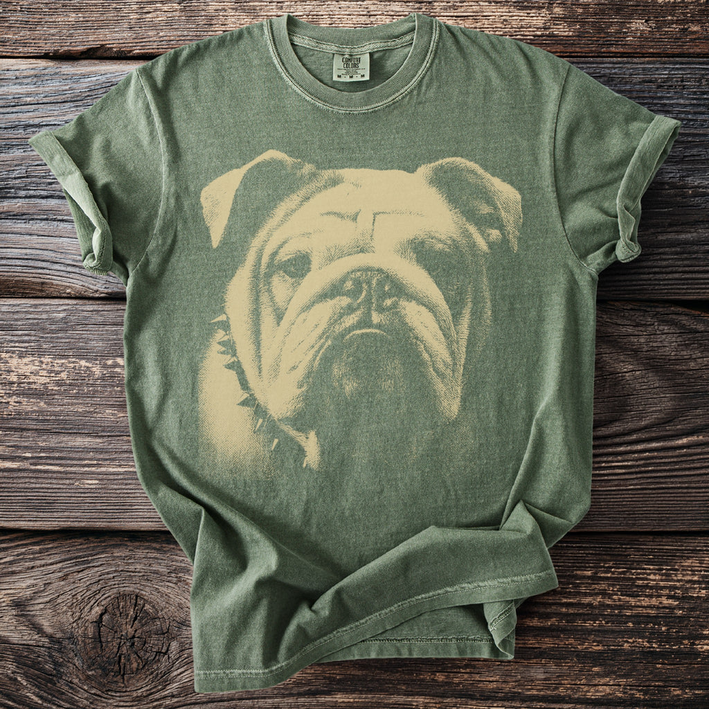 Green t-shirt with a sepia-toned bulldog graphic and a spiked collar.