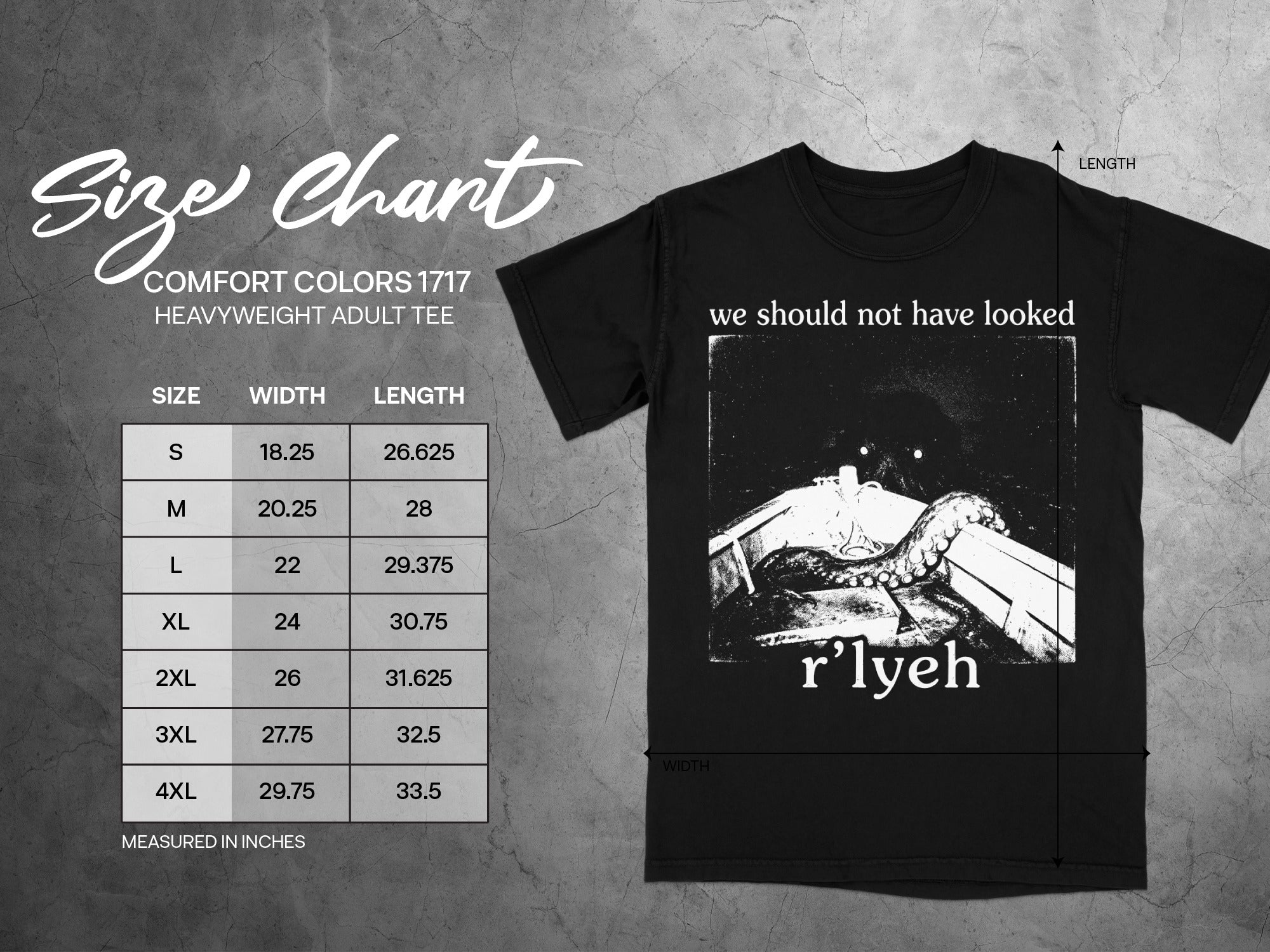 Comfort Colors 1717 heavyweight adult tee size chart with graphic.