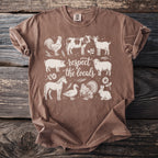 T-shirt with sketch of farm animals and the text "respect the locals".