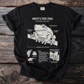 Black t-shirt with White's Tree Frog diagram including anatomy and biology.
