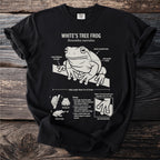 Black t-shirt with White's Tree Frog diagram including anatomy and biology.