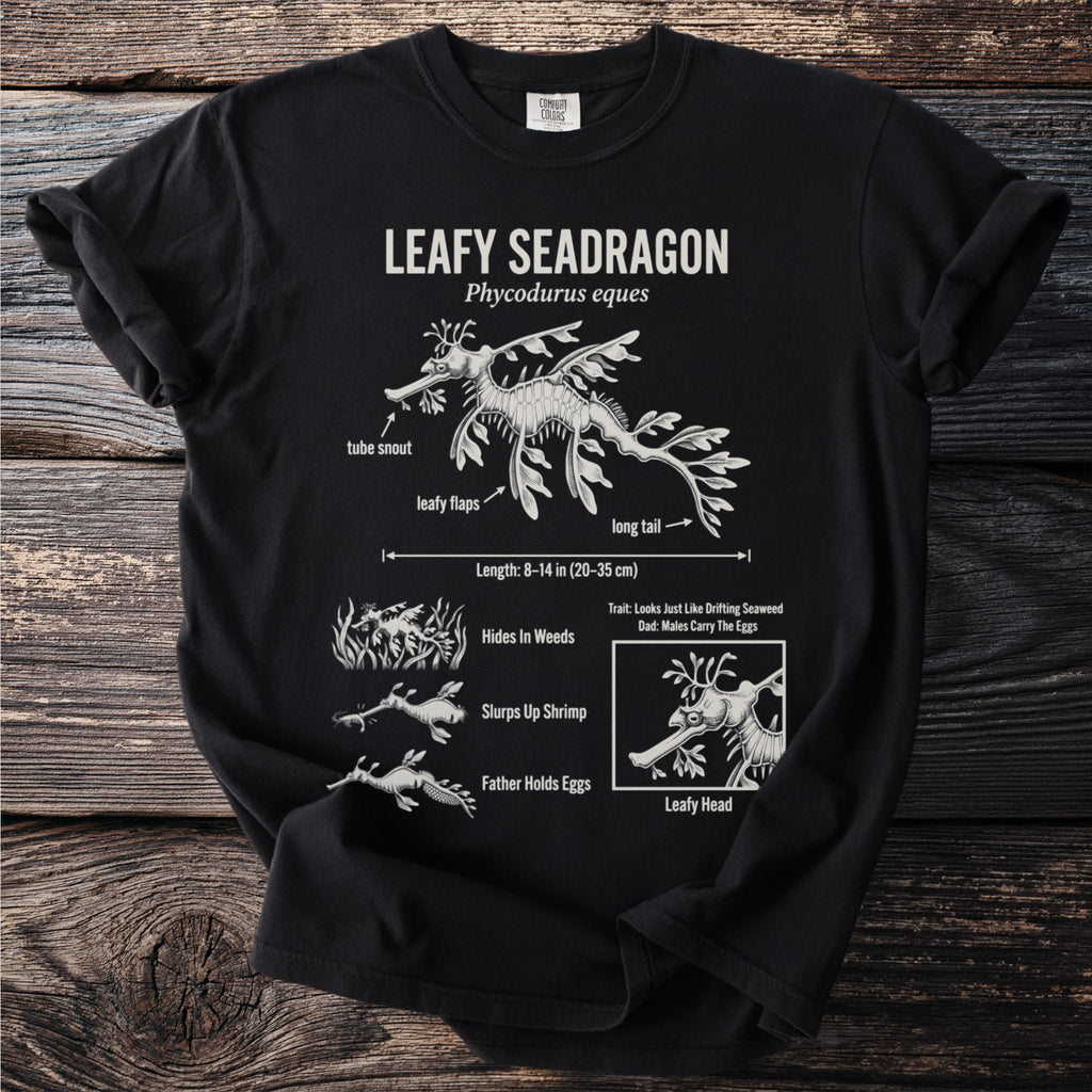 Black t-shirt with diagram of a leafy seadragon's anatomy and behaviors.