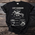 Black t-shirt with diagram of a leafy seadragon's anatomy and behaviors.