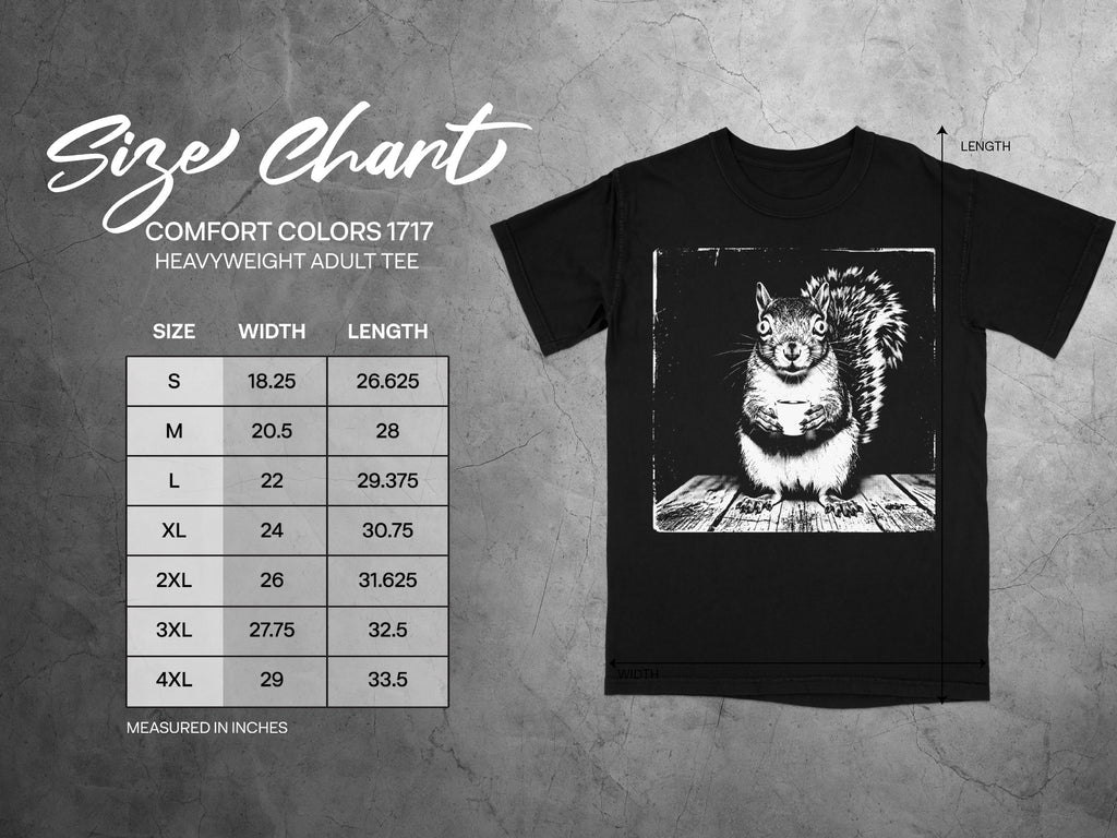 Comfort Colors 1717 garment size chart in inches.