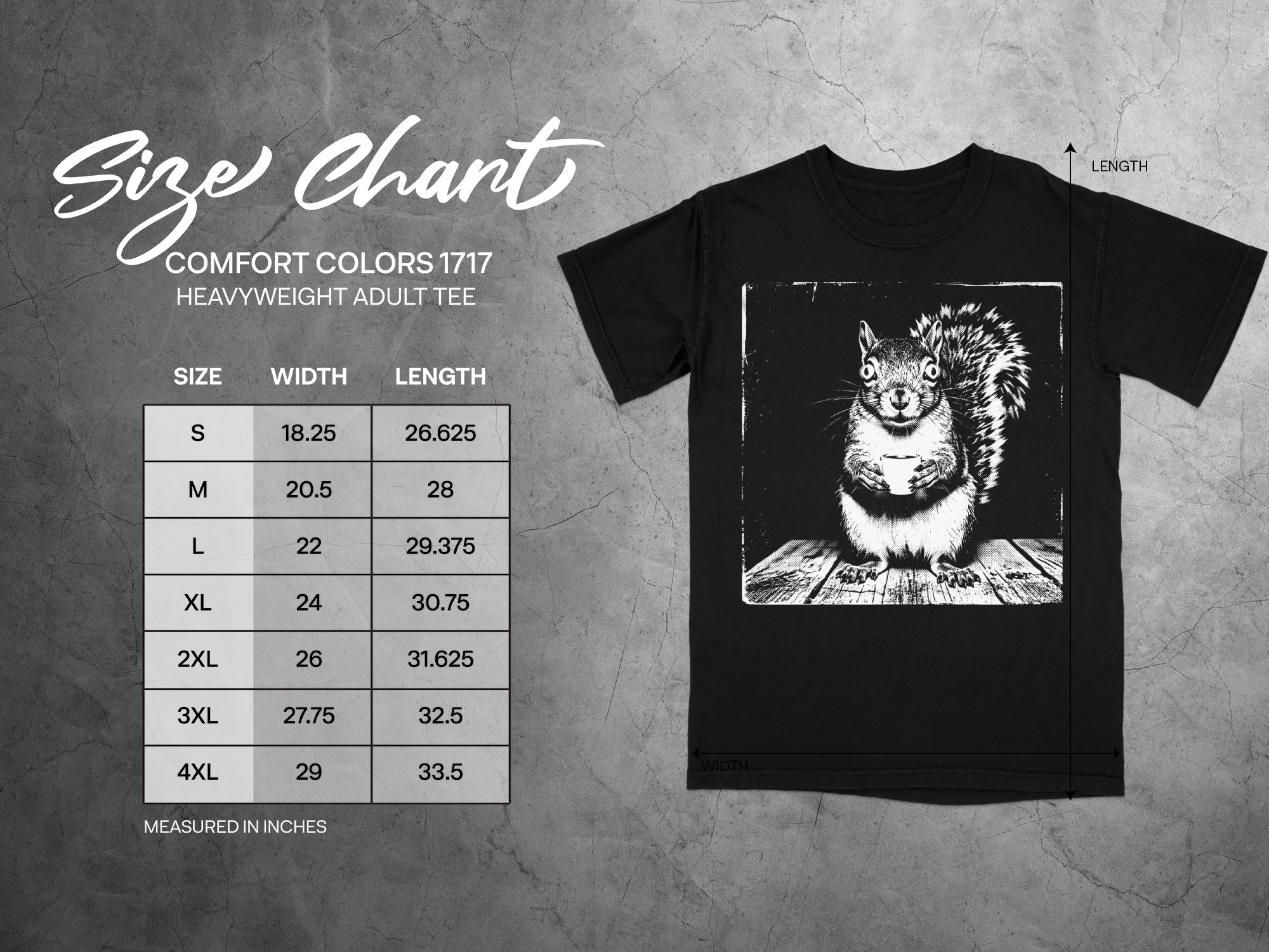 Comfort Colors 1717 garment size chart in inches.
