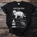 Black t-shirt with Scottish Fold cat illustration and breed information.