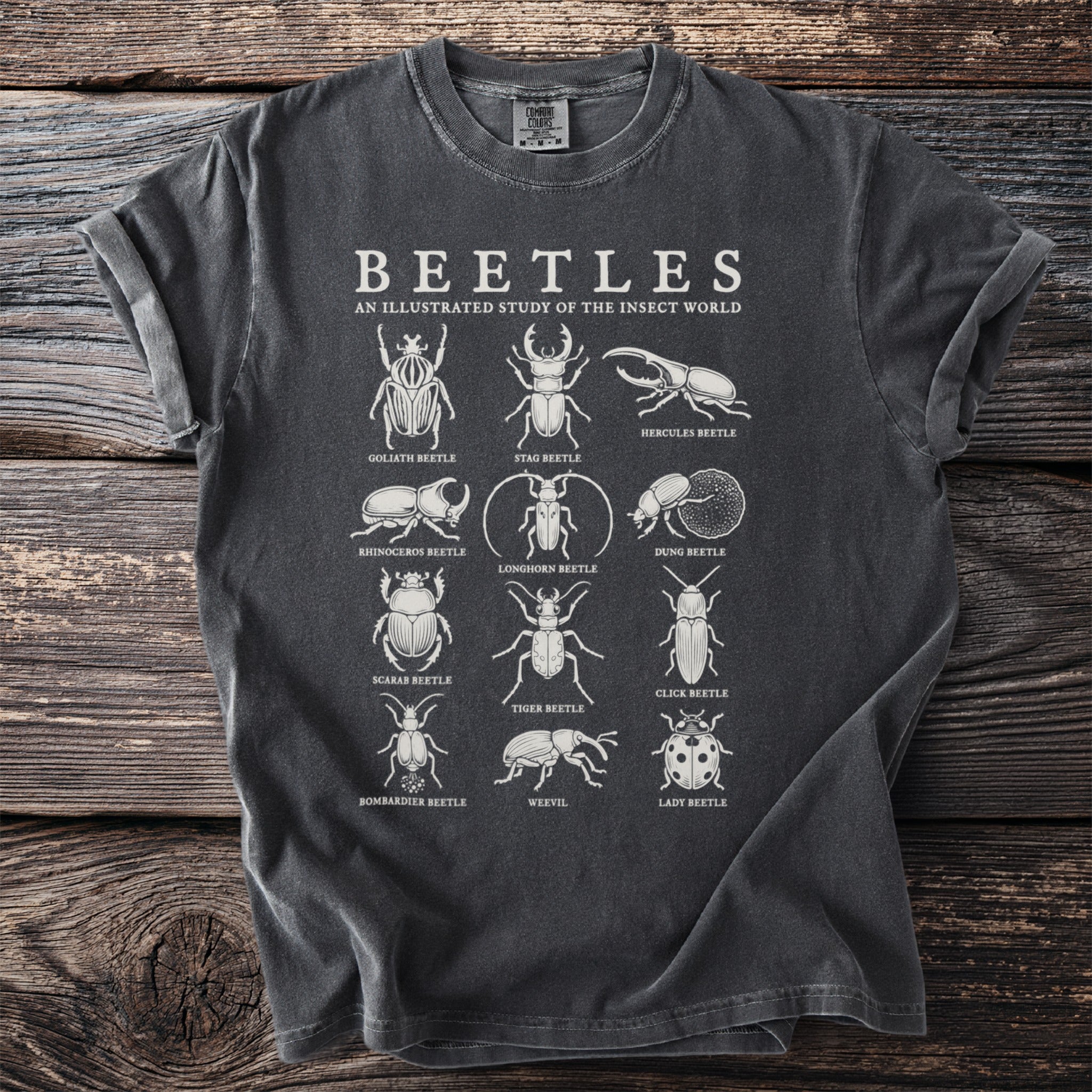 Dark gray t-shirt with "BEETLES AN ILLUSTRATED STUDY OF THE INSECT WORLD" and various beetle illustrations.
