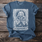 T-shirt with a sketch of a menacing werewolf in front of a gothic window.