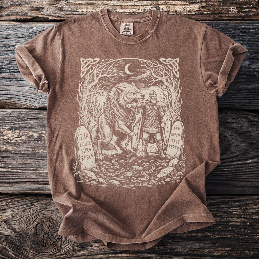 Brown t-shirt with a Viking drawing of a wolf and warrior with runes on stones.