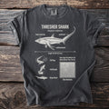 Thresher Shark diagram with labeled features and behaviors on a dark t-shirt.