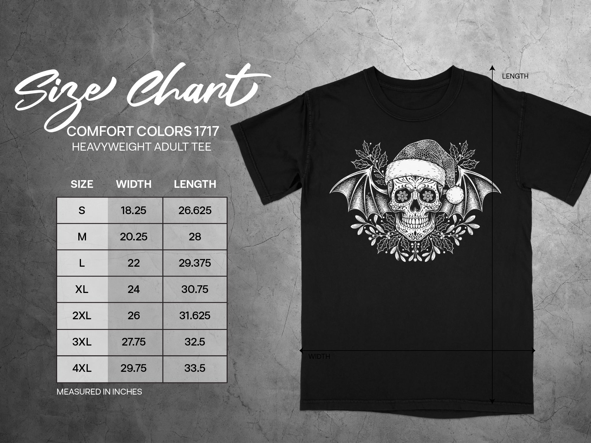 Comfort Colors 1717 t-shirt size chart with skull graphic and measurements.