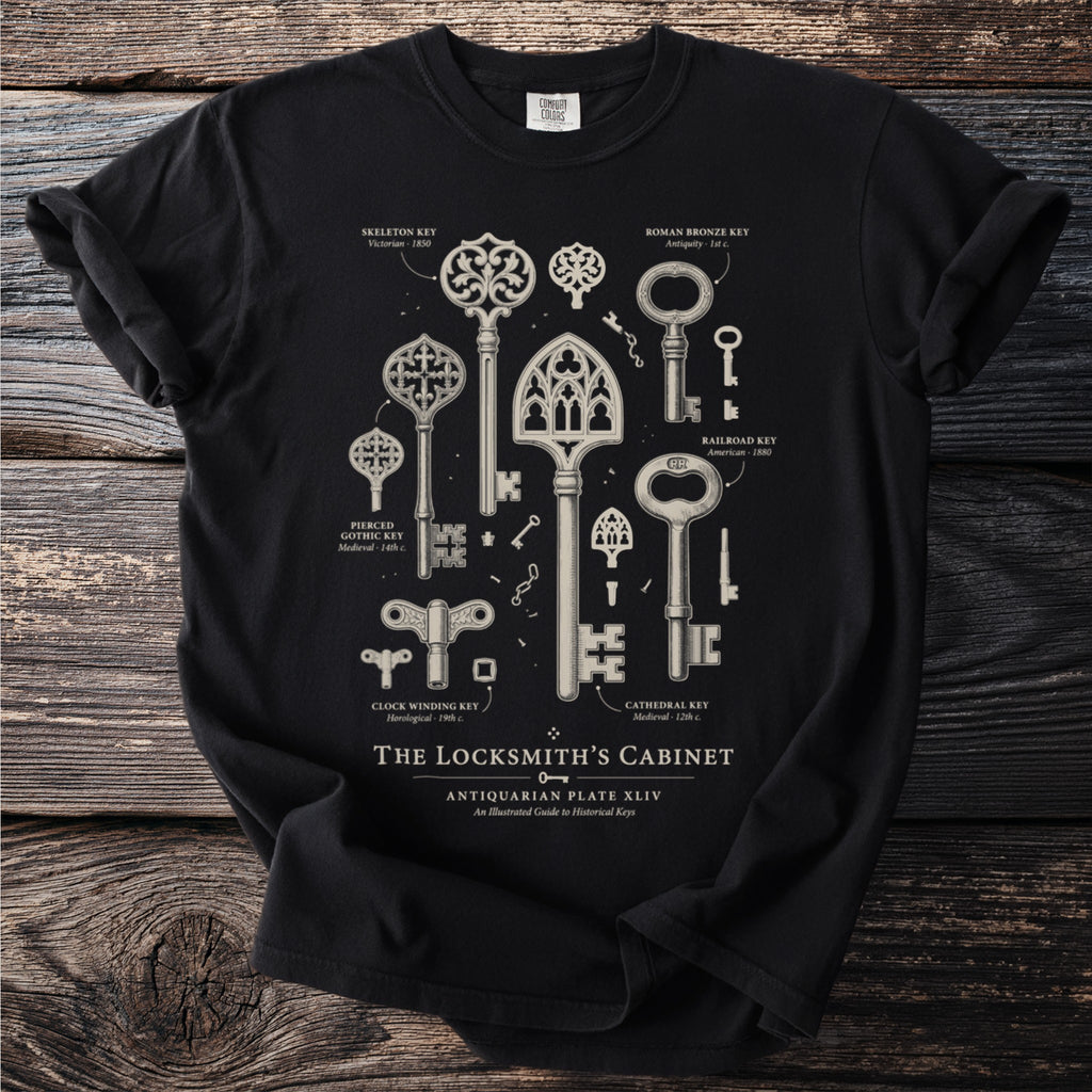 Black t-shirt with illustrated historical keys from "The Locksmith's Cabinet."