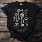 Black t-shirt with illustrated historical keys from "The Locksmith's Cabinet."