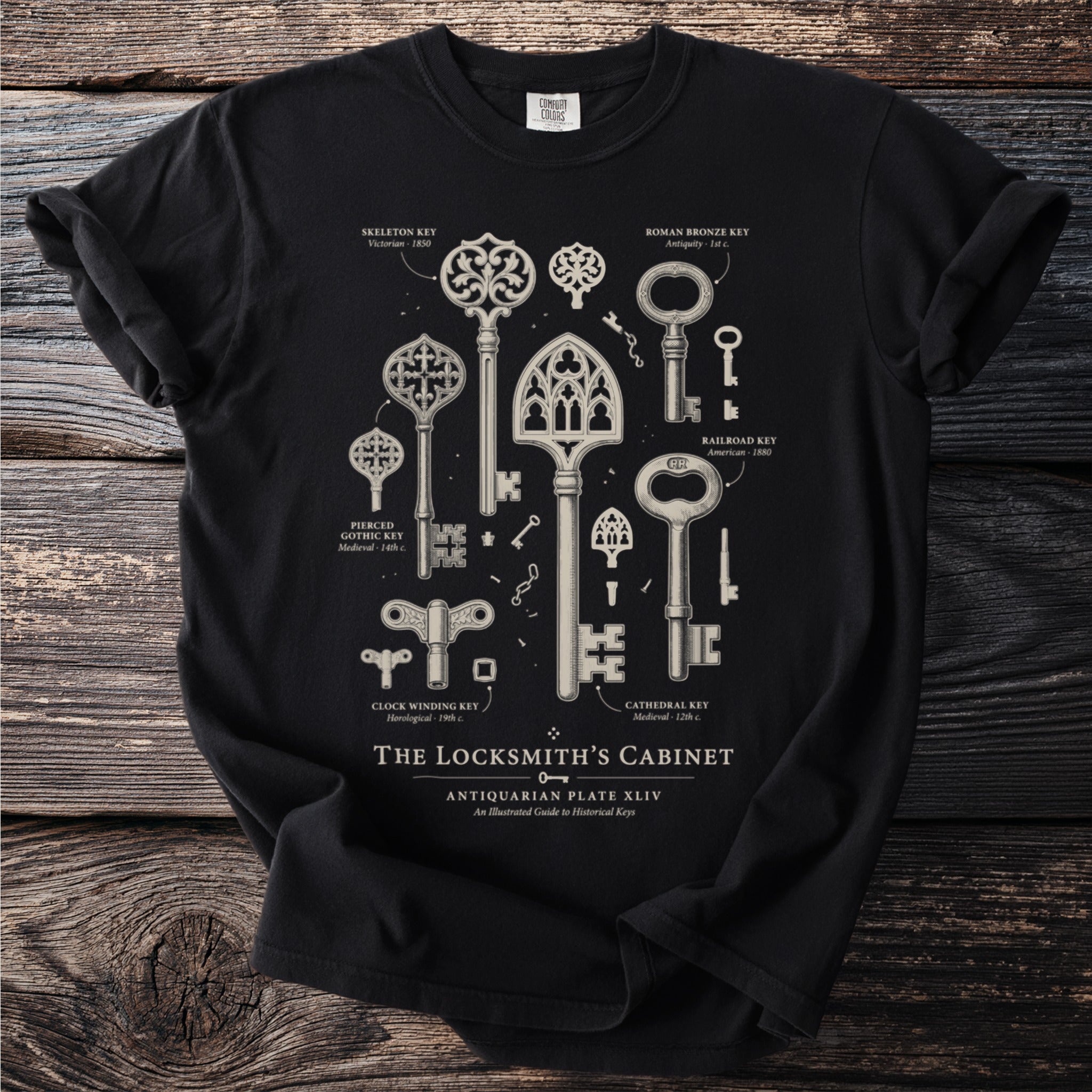 Black t-shirt with illustrated historical keys from "The Locksmith's Cabinet."