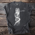 Dark grey t-shirt with a white illustration of a tentacle wrapped around a wooden post.