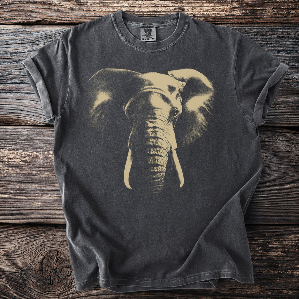 Dark gray t-shirt with a faded gold elephant head graphic.