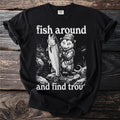 Opossum in vest and hat holds large fish with text "fish around and find trou".