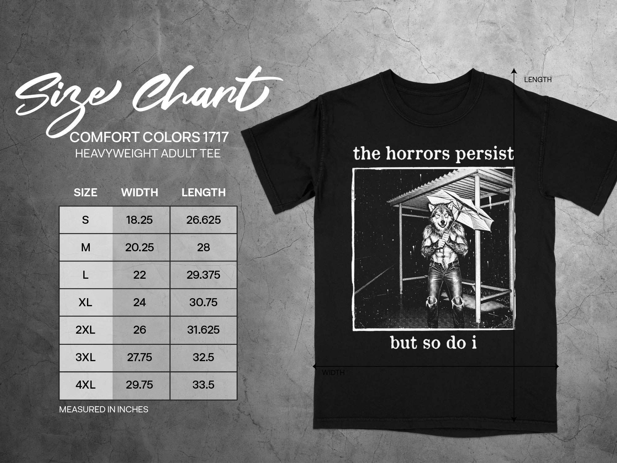 Comfort Colors 1717 heavyweight adult tee size chart with width and length measurements.