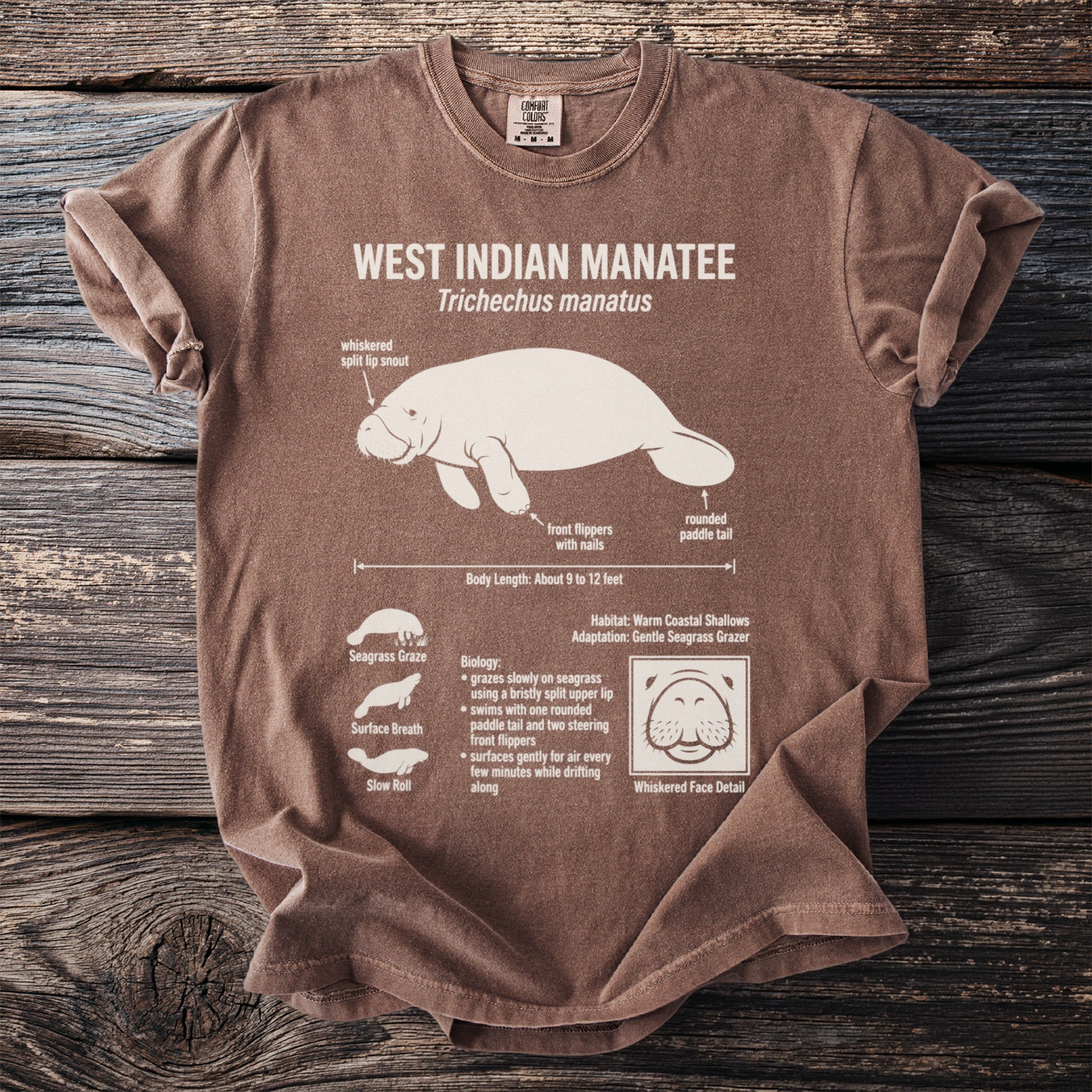 Brown T-shirt featuring a diagram of a West Indian Manatee with labels.