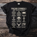 Black t-shirt with pagan symbols and their meanings, including pentacle, triquetra, and ankh.