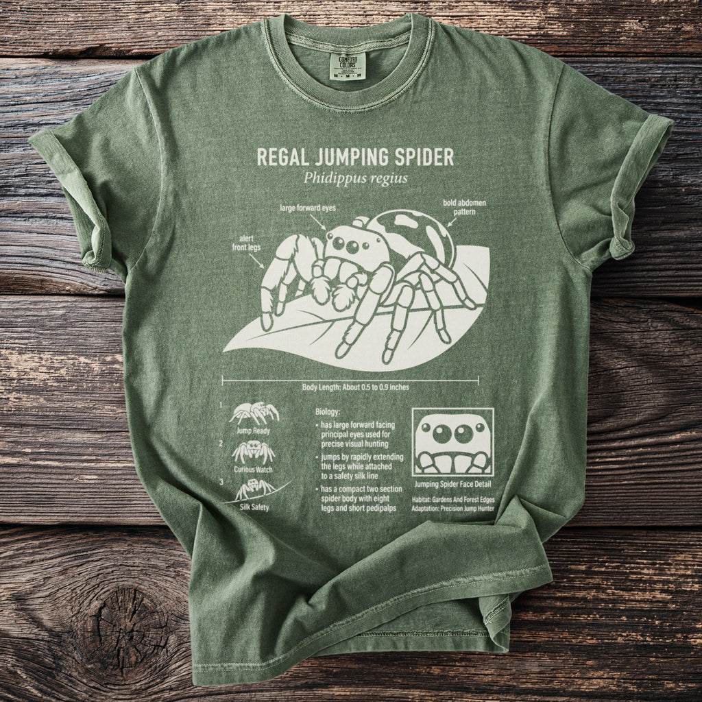 Green t-shirt with Regal Jumping Spider illustration and biology details.