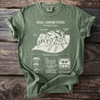 Green t-shirt with Regal Jumping Spider illustration and biology details.