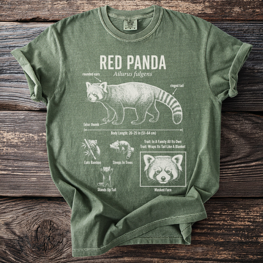 Green t-shirt with red panda illustration and facts: "Red Panda," "Ailurus fulgens," "Masked Face."