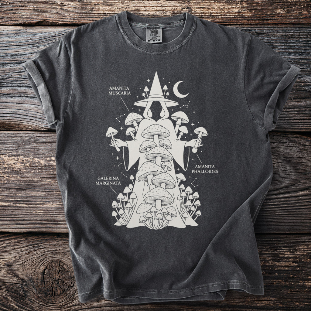 Dark crew neck t-shirt with a white graphic of a robed figure holding mushrooms and text labels.