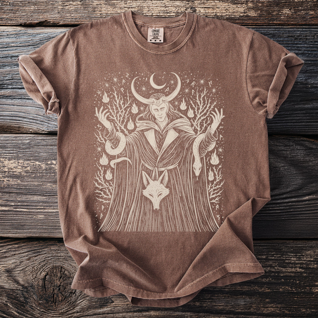 Brown t-shirt with a white graphic of a horned figure, snakes, and a fox.