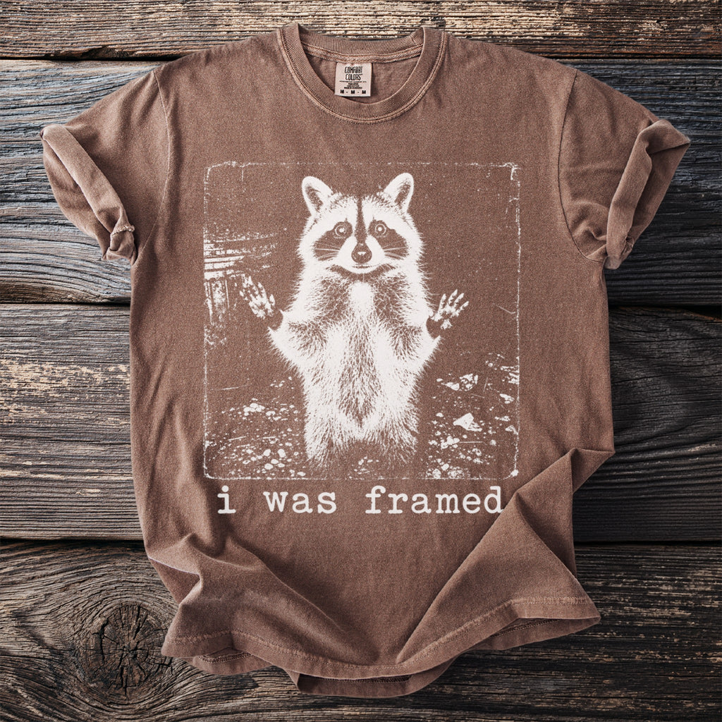 Brown t-shirt with white graphic of raccoon and text saying "i was framed."