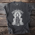 Dark grey t-shirt with white graphic of a seated woman on a throne and text "GIRLS WILL BE GIRLS".