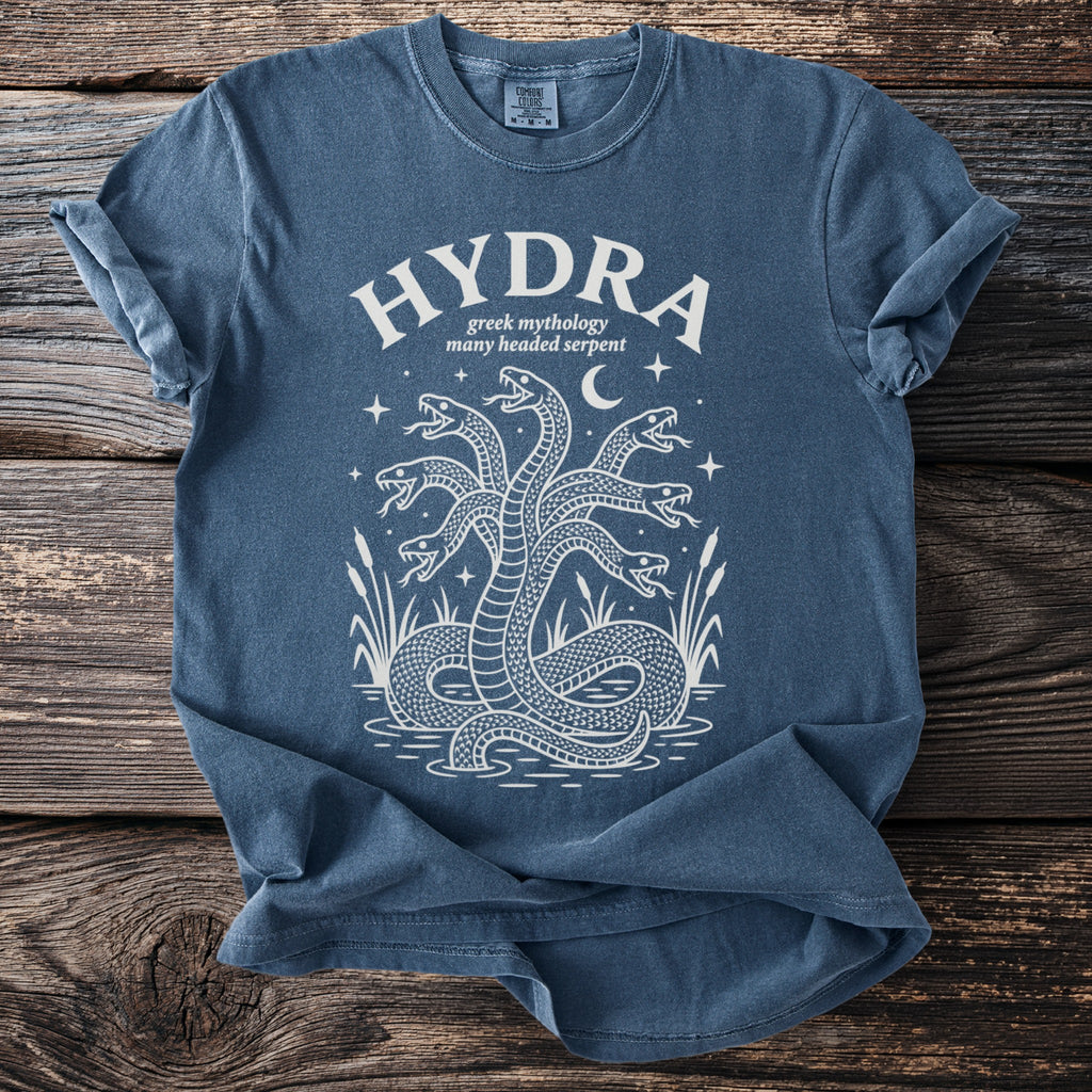 Blue t-shirt with white graphic of a multi-headed hydra serpent, stars, moon