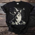 Corgi wearing a witch hat with broom and moon on black t-shirt