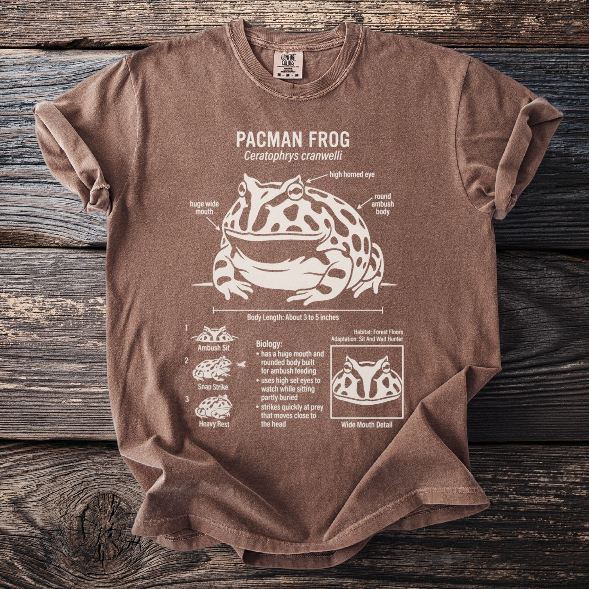 Brown t-shirt with white Pacman Frog diagram and biology details.
