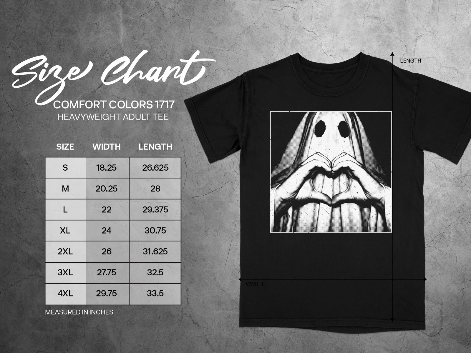 Comfort Colors 1717 heavyweight adult tee size chart with ghost graphic.
