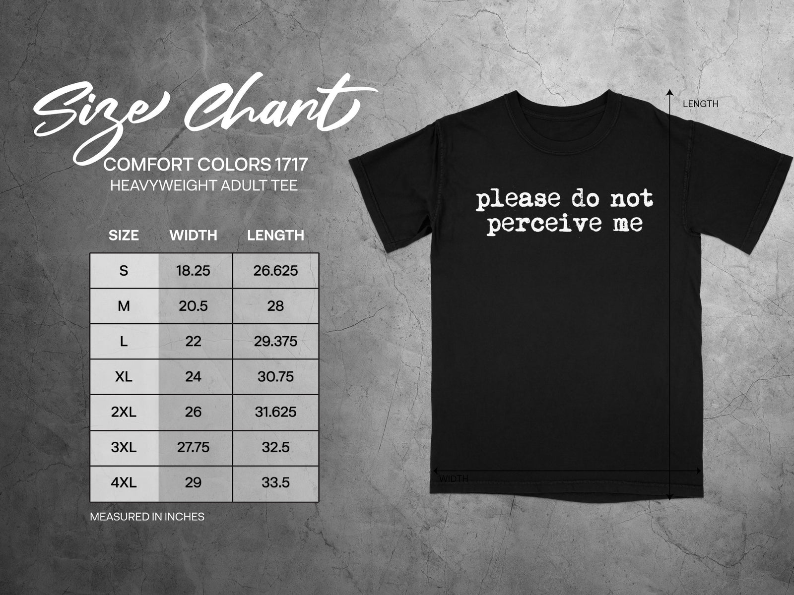 Comfort Colors 1717 garment size chart in inches.