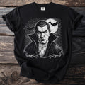Black t-shirt with vintage-style vampire graphic, bats, and full moon.