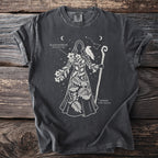 Charcoal t-shirt featuring a white line drawing of a figure adorned with plants and a raven.