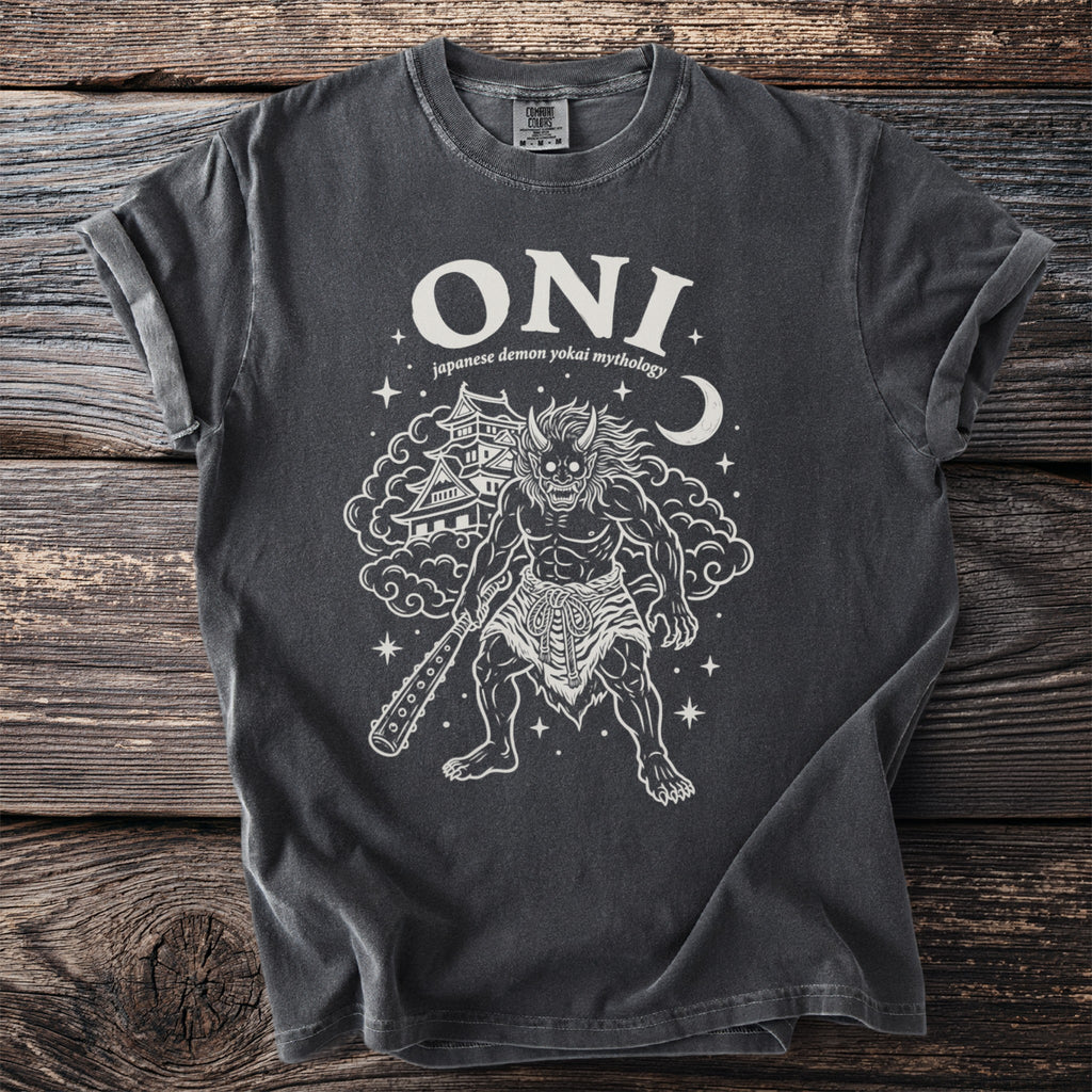 T-shirt with white graphic of an Oni demon and Japanese castle.