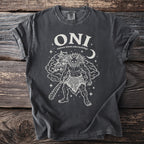 T-shirt with white graphic of an Oni demon and Japanese castle.