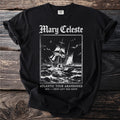 Black t-shirt with "Mary Celeste Atlantic Tour Abandoned" text and a ship graphic.