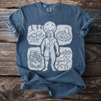 Blue t-shirt with a linocut-style graphic of a half-man, half-wolf figure.