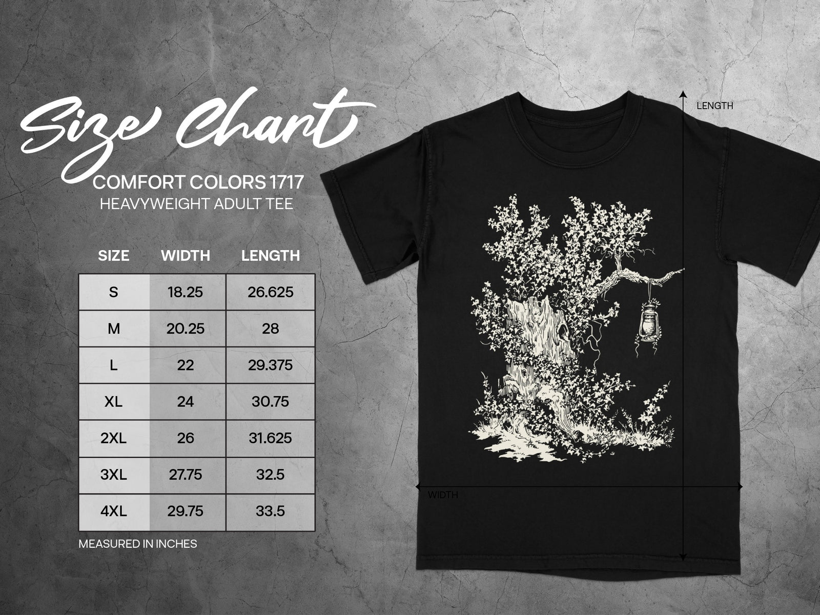 Comfort Colors 1717 heavyweight adult tee size chart with measurements in inches.