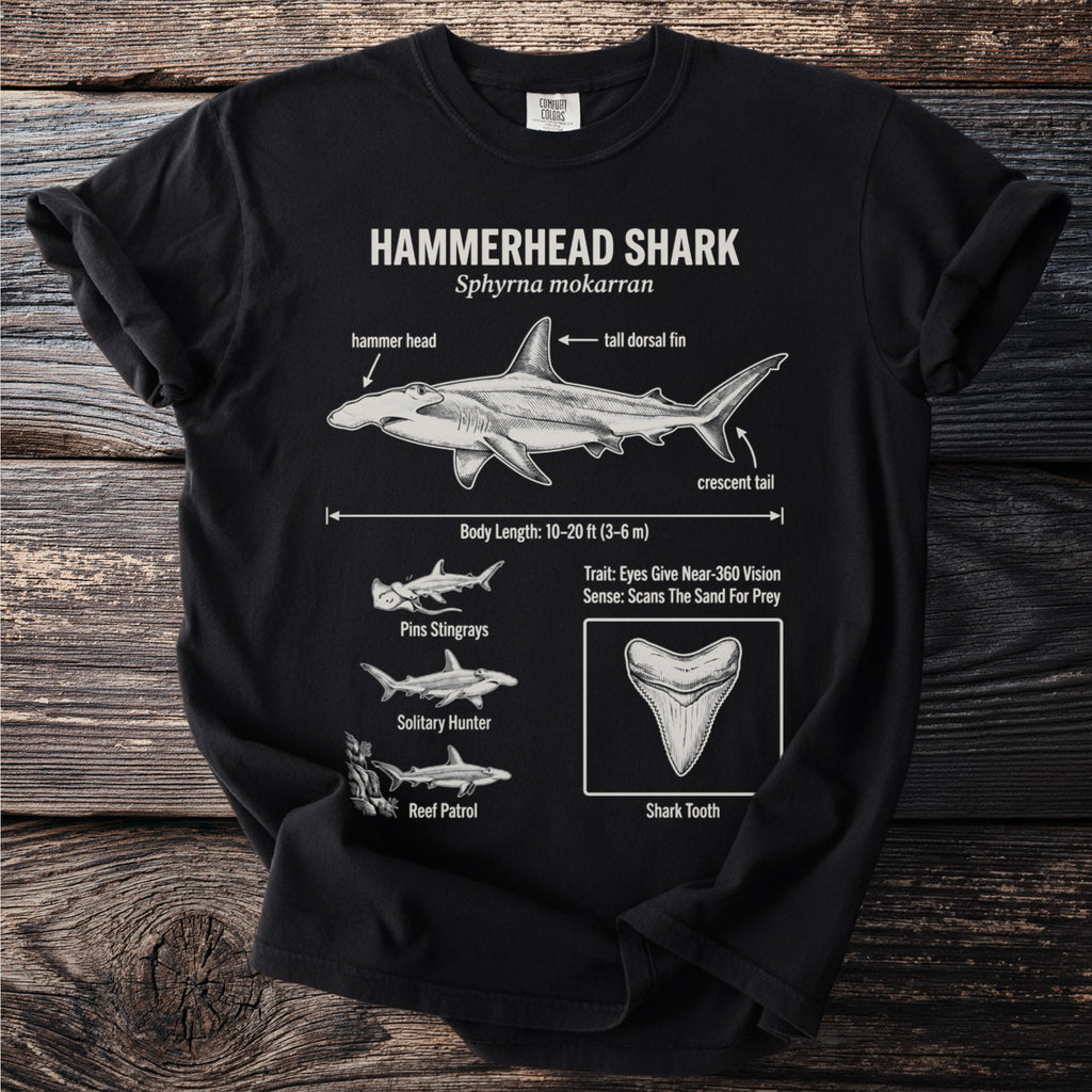 Black t-shirt with Hammerhead Shark anatomical diagram and facts.