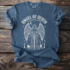 Angel of Death graphic tee with wings, sword, moon, and gravestones.