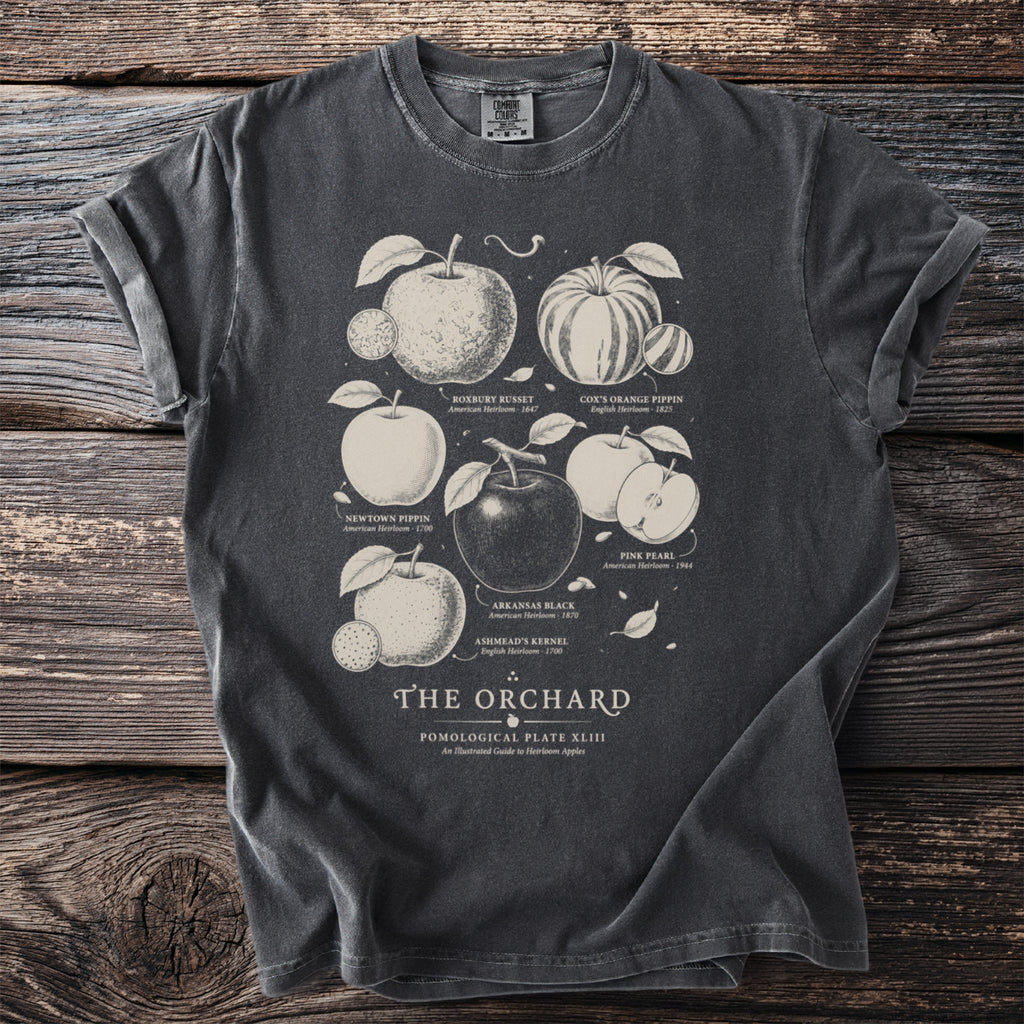 T-shirt graphic of "The Orchard" illustrated guide to heirloom apples.