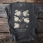 T-shirt graphic of "The Orchard" illustrated guide to heirloom apples.